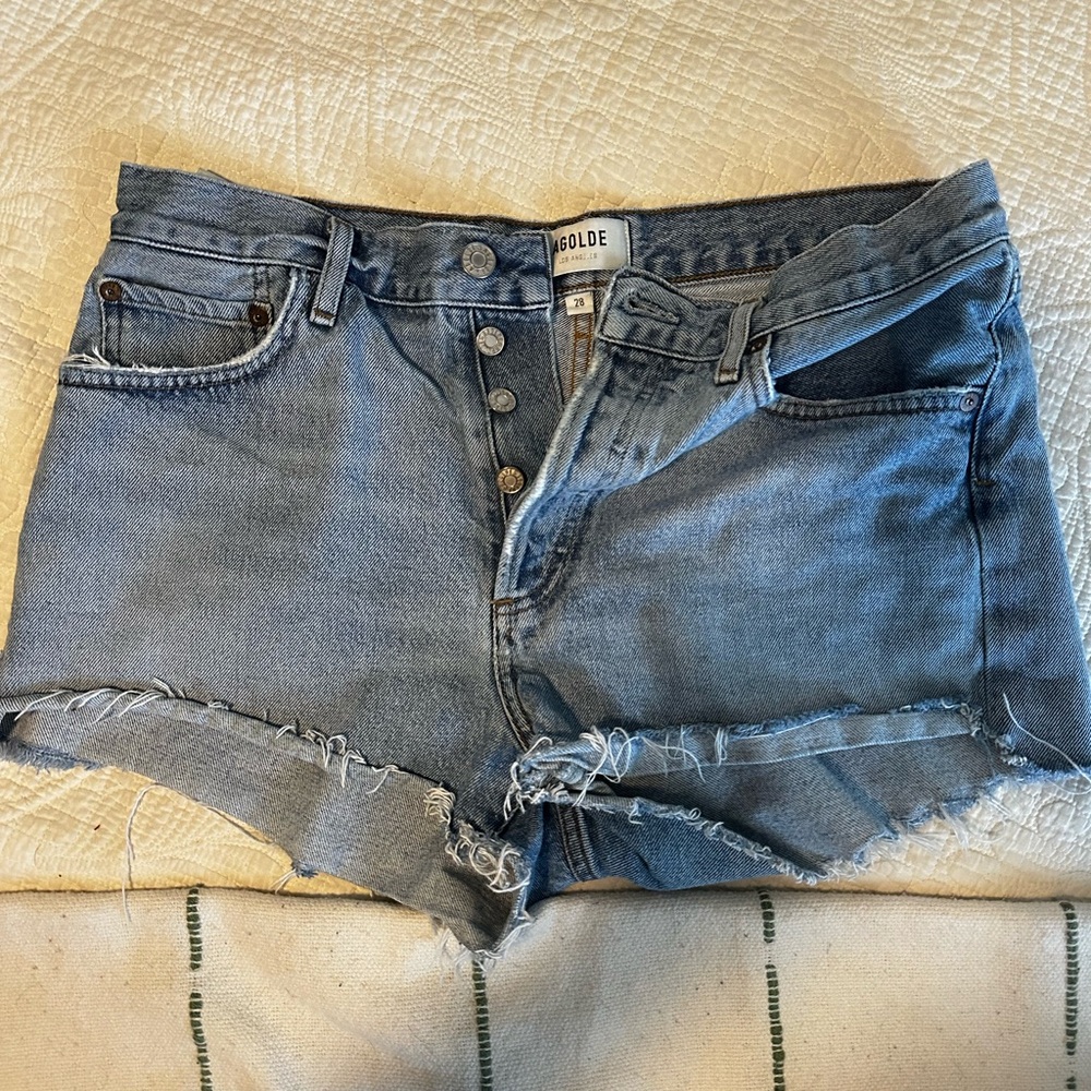 Agolde Light Blue Denim Frayed Shorts